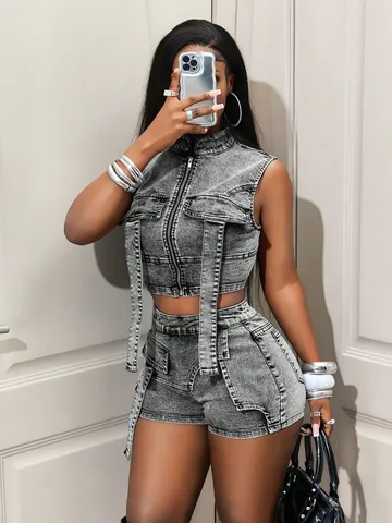 Women Sexy Denim Top And Bottom Set Acid Wash Sleeveless Zip Up Vest Crop Top With Cargo High Waisted Shorts Streetwear