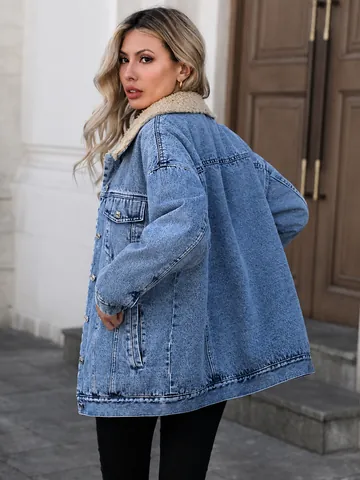 Women Oversized Sherpa Lined Denim Jacket Fleece Heavyweight Winter Warm Washed Jeans Coat Outerwear Top