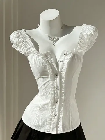 Women Sweet Puff Sleeve Shirt Lace-up Back Slim Fit Polyester Blouse Top Square Neck Ruffle Short Sleeve Fashion Shirt