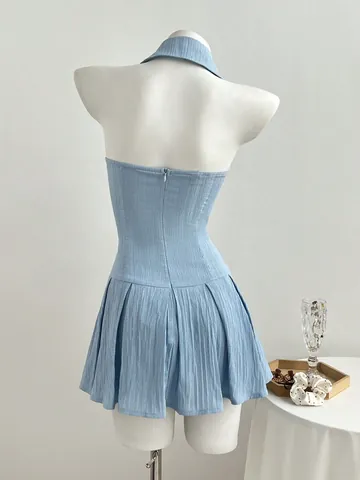 Women Halter Neck V-Neck Bow Mini Dress Summer Sleeveless Backless Pleated A-Line Sexy Casual Vacation Blue Polyester Dress