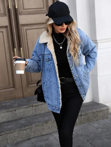 Women Oversized Sherpa Lined Denim Jacket Fleece Heavyweight Winter Warm Washed Jeans Coat Outerwear Top