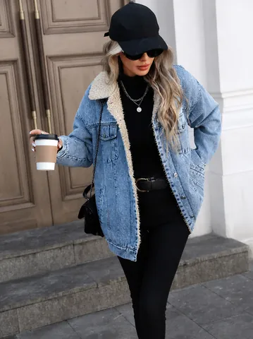 Women Oversized Sherpa Lined Denim Jacket Fleece Heavyweight Winter Warm Washed Jeans Coat Outerwear Top