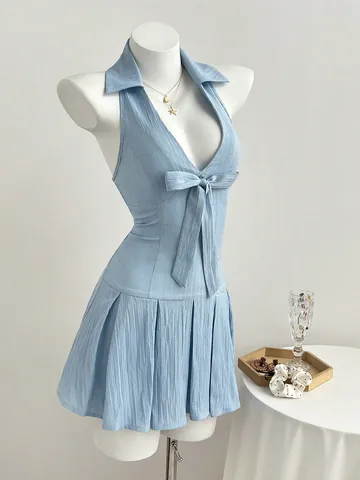 Women Halter Neck V-Neck Bow Mini Dress Summer Sleeveless Backless Pleated A-Line Sexy Casual Vacation Blue Polyester Dress