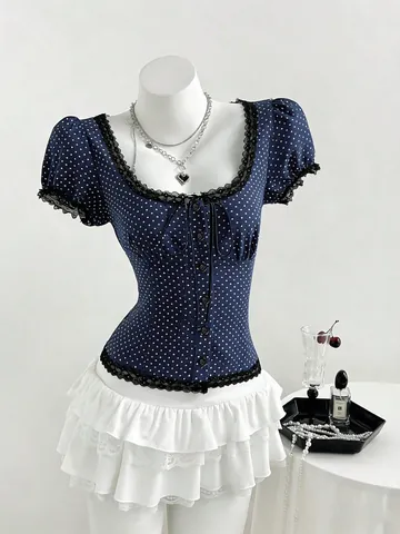 Vintage Polka Dot Square Neck Blouse Lace Trim Slim Fit Puff Sleeve Corset Top For Women Elegant Summer Casual Button Shirt