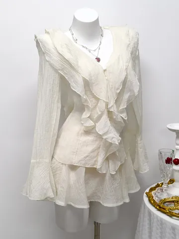 Women French Elegant Ruffle Chiffon Shirt And Skort Set Niche Design V-Neck Flared Sleeve Top And Bottom Summer Outfit