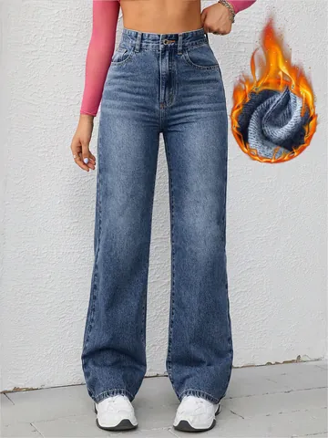 Women High Waist Wide Leg Jeans Fleece Lined Winter Warm Denim Pants Vintage Straight Fit Casual Streetwear Cotton Blend Bottoms