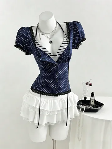 Vintage Polka Dot Square Neck Blouse Lace Trim Slim Fit Puff Sleeve Corset Top For Women Elegant Summer Casual Button Shirt