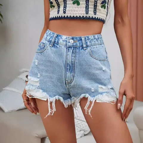 Short en Denim Déchiré à Taille Haute pour Femmes Ourlet Effiloché Coton Délavé Short en Jean Streetwear Décontracté Été Short Court