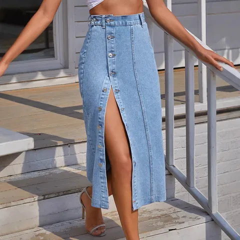 Women High Waist Button Front Denim Midi Skirt Casual Washed Slit Long Skirt Elegant Daily Streetwear Bottom