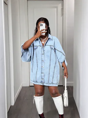 Women Oversized Denim Jacket Dress Western Streetwear Washed Cotton Blend Button Up Cape Style Mid Length Jean Coat Top