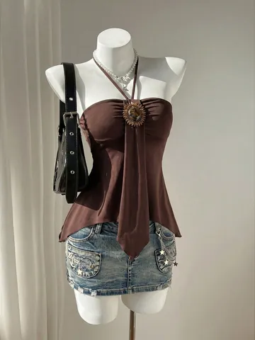 Top de Tirantes Vintage con Cuello Halter y Cordones para Mujer Sexy Sin Mangas Espalda Descubierta Dobladillo con Volantes Gema Verano