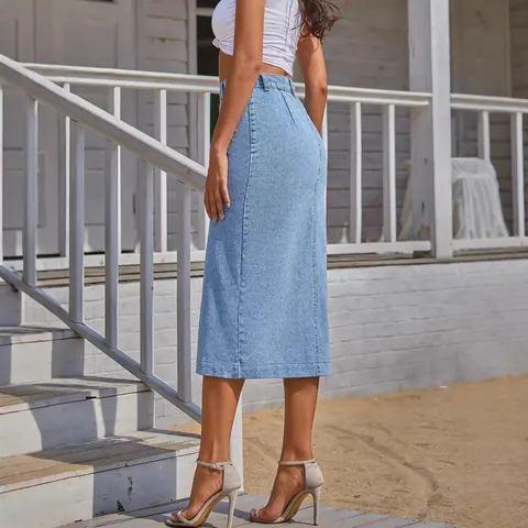 Women High Waist Button Front Denim Midi Skirt Casual Washed Slit Long Skirt Elegant Daily Streetwear Bottom
