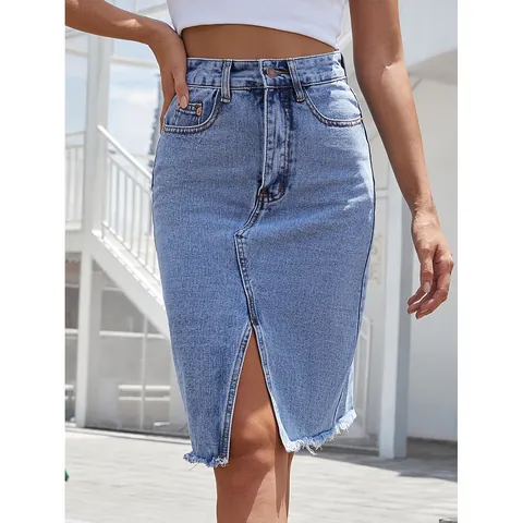 Γυναικεία Ψηλόμεση Ντένιμ Μίντι Φούστα με Ξεφτισμένο Στρίφωμα και Μπροστινό Σκίσιμο Εφαρμοστή Τζιν Φούστα Βρετανικού Στυλ Μονόχρωμη Casual