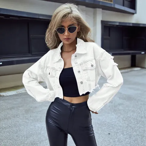Women Fashion Cropped Denim Jacket Distressed Ripped Raw Hem Long Sleeve Casual Jean Coat Vintage Blue Black White Top