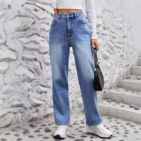 Women Fleece Lined High Waist Straight Leg Jeans Washed Denim Pants Stretch Slimming Winter Warm Casual Streetwear Bottom