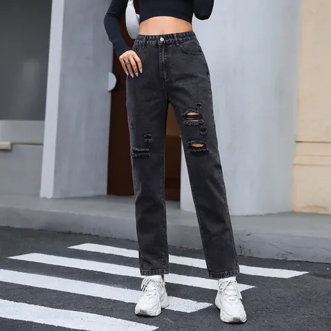 Women High Waisted Ripped Jeans Distressed Cotton Blend Denim Pants Vintage Washed Straight Leg Streetwear Jeans For Women