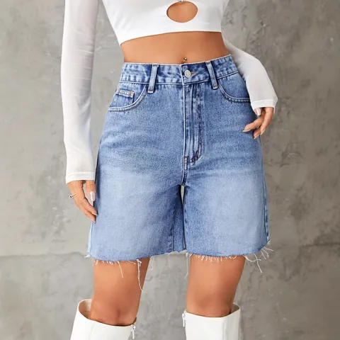 Pantalones Cortos de Mezclilla de Cintura Alta para Mujer Casual Streetwear Dobladillo Deshilachado Lavado Distressed Mezclilla para Mujer Hot Pants Bottom