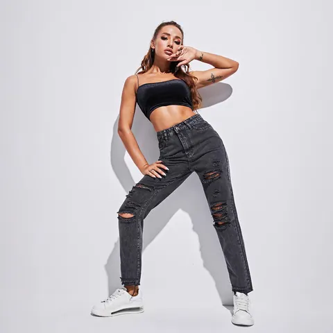 Women High Waisted Ripped Jeans Distressed Cotton Blend Denim Pants Vintage Washed Straight Leg Streetwear Jeans For Women