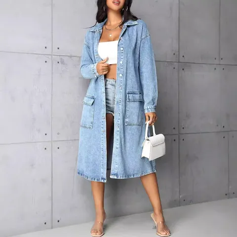 Chaqueta Cortavientos Larga de Mezclilla para Mujer Vintage Ajustada Azul Lavado Botonadura Sencilla Manga Larga Abrigo Vaquero