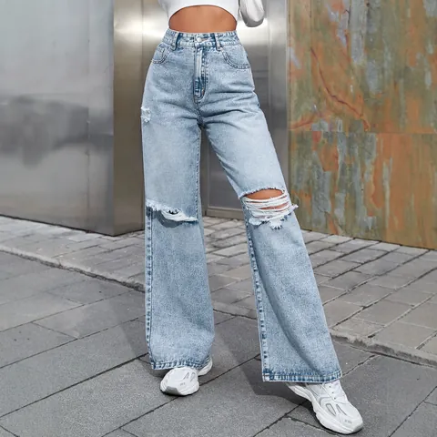 Women's High Waist Wide Leg Ripped Denim Jeans Streetwear Distressed Washed Straight Loose Cotton Pants Casual Daily Bottoms