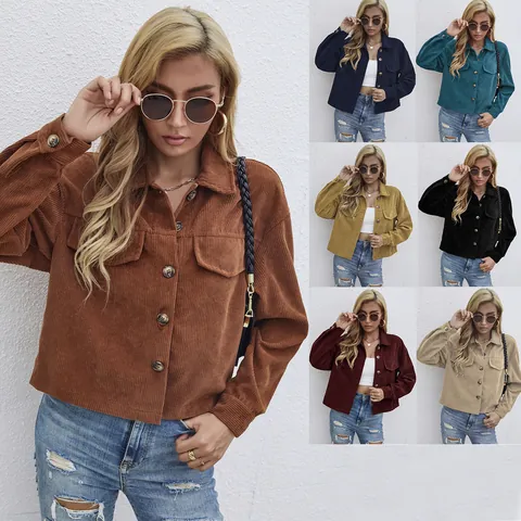 Women Corduroy Jacket Long Sleeve Button Down Crop Top Single Breasted Lapel Collar Short Coat With Pockets Solid Color Streetwear