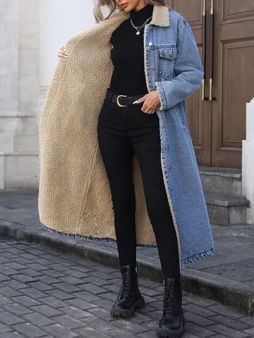 Women's Oversized Long Denim Jacket With Sherpa Fleece Lining Winter Warm Jean Trench Coat Outerwear Casual Loose Cotton Padded Parka