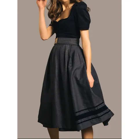 Women Vintage Oktoberfest Dirndl Dress Polyester Dark Blue Puff Sleeve Square Neck Top And Bottom Traditional Beer Festival Costume