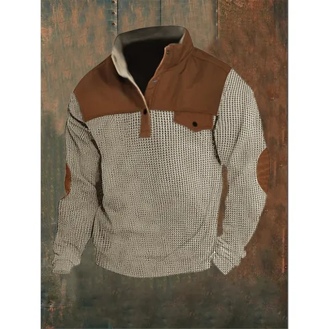 Men Casual Waffle Knit Sweatshirt Stand Collar Patchwork Long Sleeve Pullover With Button Pocket Top