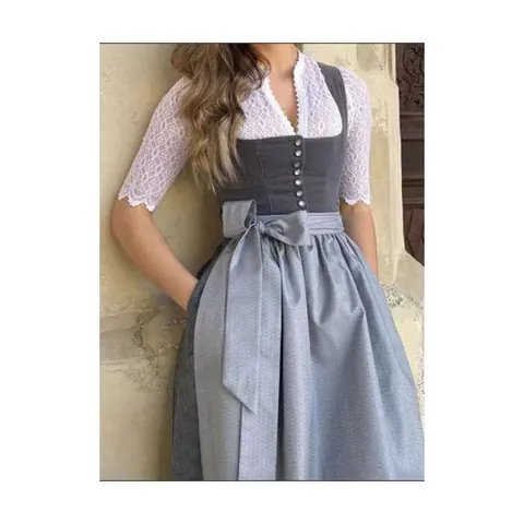 Vestido Dirndl Alemán Elegante para Mujer Disfraz Vintage de Fiesta de la Cerveza Bávara Gris de Encaje Patchwork Conjunto de Tres Piezas Top And Bottom