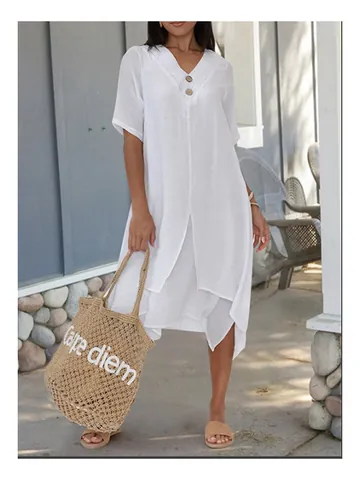 Women Retro Cotton Linen Midi Dress Casual V-Neck Double Layer Split Hem Woven Literary Style Woven Breathable Vacation Dress