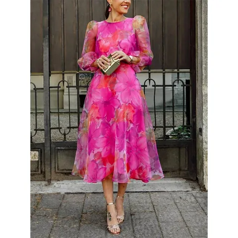 Women's French Vintage Mesh Floral Dress Summer Puff Sleeve Organza Splicing Round Neck A-Line Long Party Dress Top And Bottom