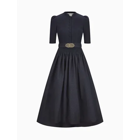Women Elegant Oktoberfest Dirndl Dress Vintage Black Polyester Pleated Midi Dress For Bavarian Party Festival Retro Dress