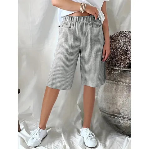 Women Vintage Jacquard Striped Bermuda Shorts Oxford Fabric Loose Casual Knee Length Wide Leg Shorts Elastic Waist Pockets Bottom