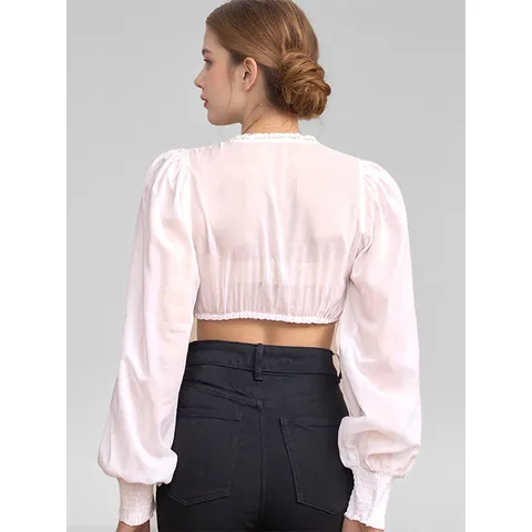 Women Vintage Palace White Dirndl Blouse For Oktoberfest Lyocell Lantern Sleeve Crop Top Sweet Lace Trim V Neck Blouse