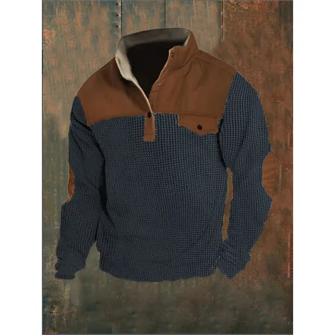 Men Casual Waffle Knit Sweatshirt Stand Collar Patchwork Long Sleeve Pullover With Button Pocket Top