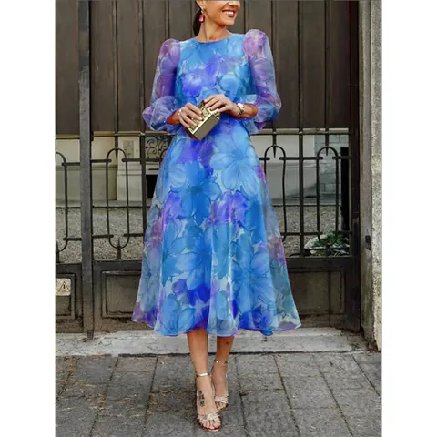 Women's French Vintage Mesh Floral Dress Summer Puff Sleeve Organza Splicing Round Neck A-Line Long Party Dress Top And Bottom