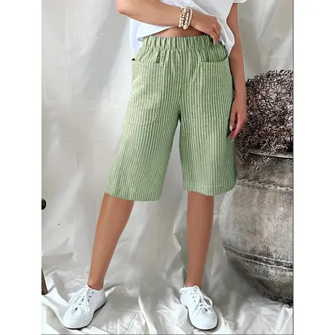 Women Vintage Jacquard Striped Bermuda Shorts Oxford Fabric Loose Casual Knee Length Wide Leg Shorts Elastic Waist Pockets Bottom