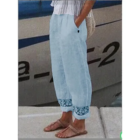 Damen Casual Baumwolle Leinen Spitze Patchwork Hose Locker Atmungsaktiv Tasche Hose Hohe Taille Einfarbig Unterteil Für Damen