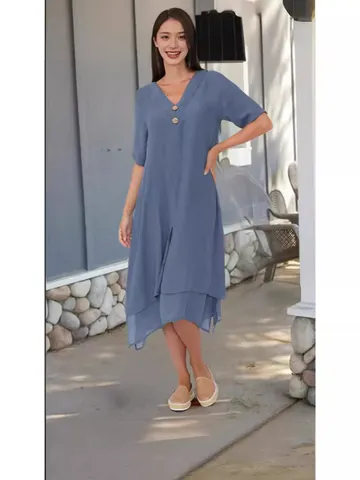 Women Retro Cotton Linen Midi Dress Casual V-Neck Double Layer Split Hem Woven Literary Style Woven Breathable Vacation Dress