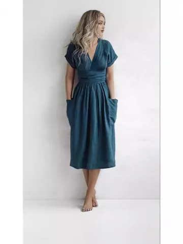 Women Casual Cotton Linen Midi Dress V-Neck Short Sleeve Splicing Lace-Up Pocket Loose Fit Solid Color Comfy Dress