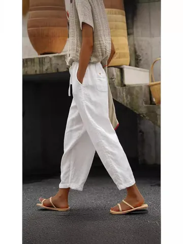 Women Literature Retro Casual Cotton Solid Color Cropped Pants Loose Drawstring Nine-point Bottom Spring Summer Trousers