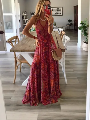 Women Bohemian V Neck Cami Maxi Dress High Waist Floral Printed Spliced Tiered Summer Beach Vacation Long Dress