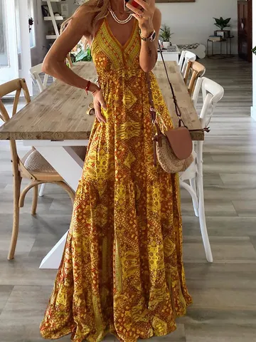Women Bohemian V Neck Cami Maxi Dress High Waist Floral Printed Spliced Tiered Summer Beach Vacation Long Dress