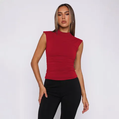 Women Ruched Mock Neck Sleeveless Tank Top Slim Fit Knitted Summer Fashion Comfortable Polyester Streetwear Casual Top