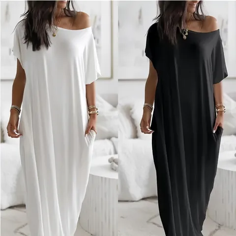 Vestido Maxi Informal de Verano para Mujer Seda de Leche Manga Corta Color Sólido Hombros Descubiertos Vestido Largo Holgado Con Bolsillos Streetwear Elegante