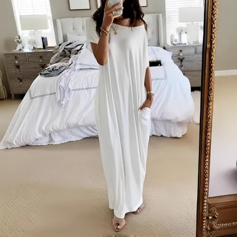 Vestido Maxi Informal de Verano para Mujer Seda de Leche Manga Corta Color Sólido Hombros Descubiertos Vestido Largo Holgado Con Bolsillos Streetwear Elegante
