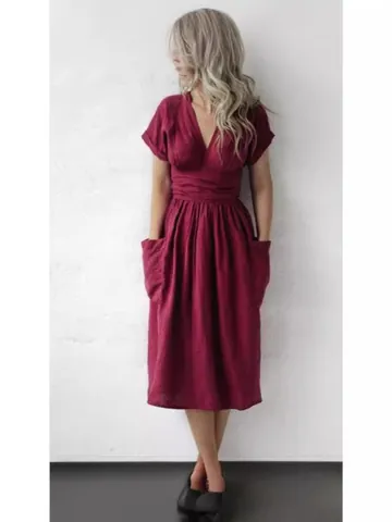 Women Casual Cotton Linen Midi Dress V-Neck Short Sleeve Splicing Lace-Up Pocket Loose Fit Solid Color Comfy Dress