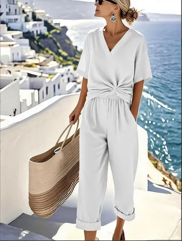 Women Casual Solid Color Top And Bottom Set V-Neck Knot Short Sleeve Top And Wide Leg Pants Loungewear Vacation Summer Outfit