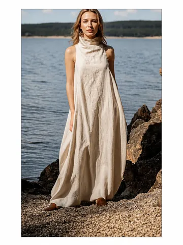 Women's Casual Pure Cotton Maxi Dress High Neck Sleeveless Splicing Loose Fit A-Line Long Dress For Vacation Streetwear Summer Dress