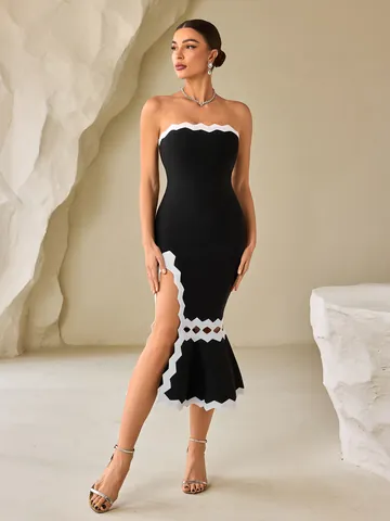 Women's Hepburn Style Strapless Mermaid Slit Bandage Dress Black White Scalloped Trim Slim Fit Elegant Party Midi Dress